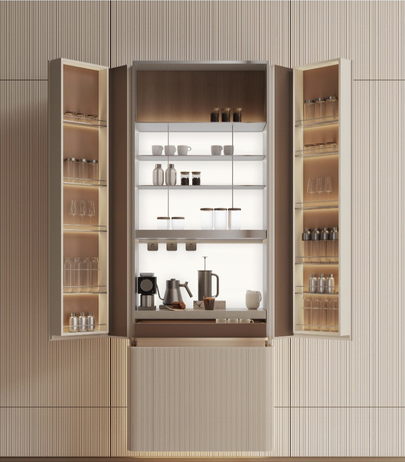 Wall-mounted barista insert, open with coffee supplies