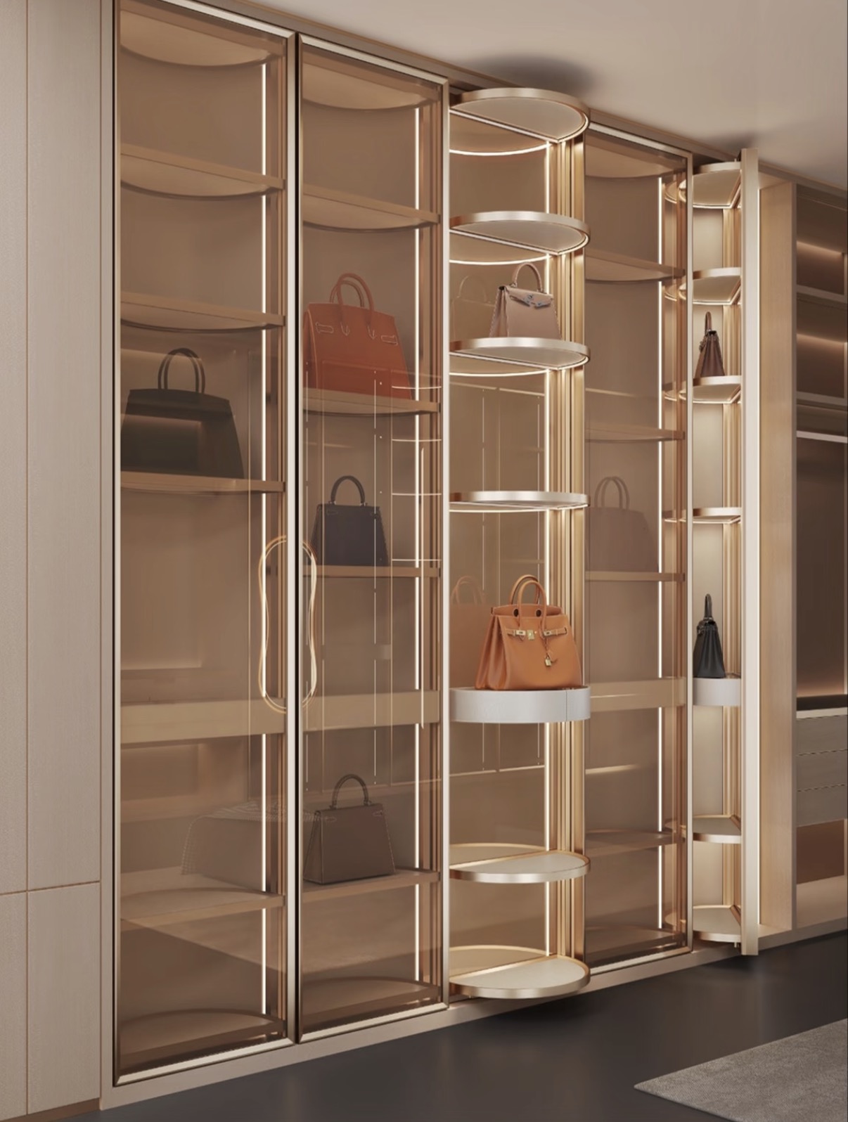 Glass handbag wall pivoted open, bags on display